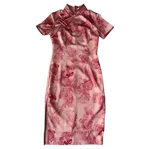 Chinese Qipao Cheongsam Pink Floral Silk Midi Dress Size 2